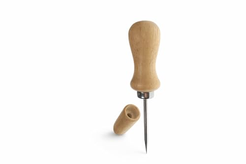 Professional Awl Tool with Wooden Handle & Protective Wood Cover - 801C Heavy Duty Leather Craft Awl for Woodworking, Leathercraft, Sewing & Upholstery - 5" Total Length