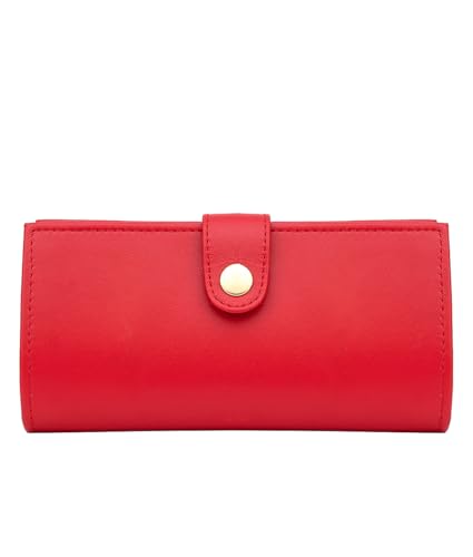 Women’s Genuine Leather Wallet – Slim Design with Secure Snap Multiple - Card Slots & Interior Zipper Pocket (Red) - color: Red