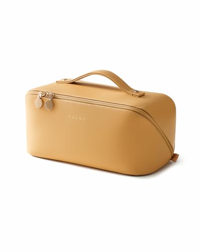 EACHY Travel Makeup Bag for Women, Flat Open Cosmetic Bag, Yellow, Large | PU leather organizer with flat-open access, storage pockets and clear TPU brush compartment for daily makeup and toiletries - color: AQ-Yellow, size: Large