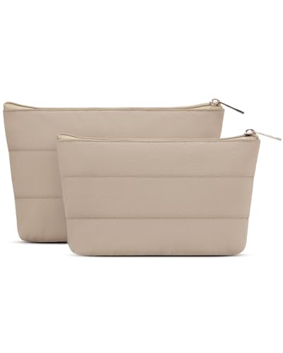 Wandering Nature Small Makeup Bag 2 Pack Cosmetic Bag for Purse, Puffer Quilted Makeup Pouch, Cute Travel Pouch with Zipper for Women, Khaqi - color: Khaqi