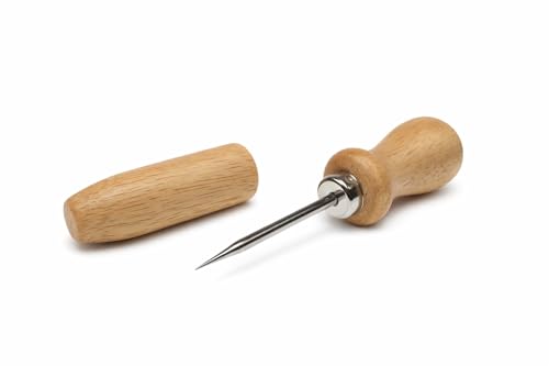 Professional Awl Tool with Wooden Handle & Protective Wood Cover - 801C Heavy Duty Leather Craft Awl for Woodworking, Leathercraft, Sewing & Upholstery - 5" Total Length