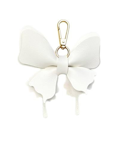 Women's Leather Bow Keychain, Stylish Multi-Color Bag Charm with Lobster Clasp, Cute Purse/Key Accessory - color: White