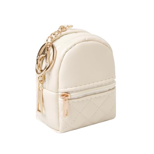 Mini Backpack Cute Cosmetic Bag for Women, Creative Cute Pendant Keychain Key-chains Keyrings PU Leather Makeup Bag Key Lipstick Card Holder Data Cable Organizer Zipper Pouch - color: Beige