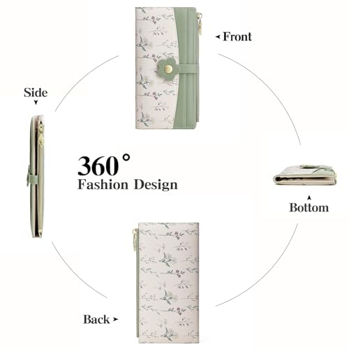 GAEKEAO Womens Wallet Slim Thin RFID Blocking Bifold Floral Vegan Leather Card Holder Large Capacity Wallet with Zipper Pocket - color: Y-Green