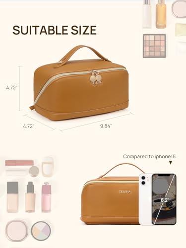 Telena Leather Make Up Bag Portable Travel Makeup Bag Waterproof Cosmetic Bags for Women Large Capacity With Handle and Divider Open Lay Flat | Cosmetic Bags for Women Large Capacity With Handle and Divider Open Lay Flat - color: 1-Brown