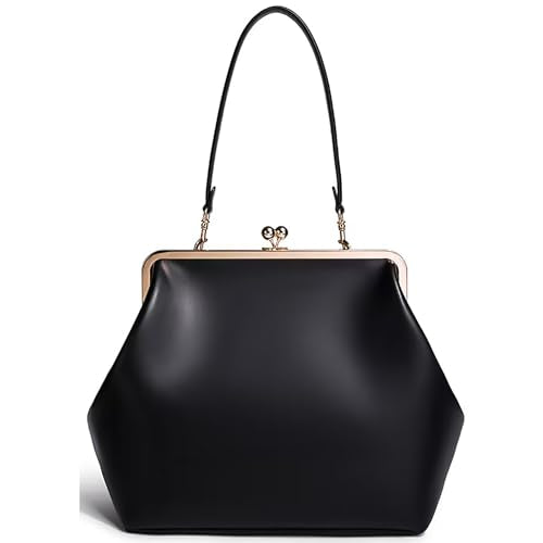 Kiss Lock Frame Handbag, PU Leather Shoulder Tote Bag Messenger Hobo Clutch Purse for Women Formal Work Leisure - color: Pure Black