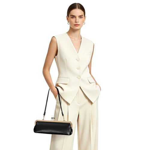 Women's Kiss Lock Shoulder Bag, Classic Small PU Purse with Gold Tone Frame, Underarm Bag for Party, Date, Evening - color: Black