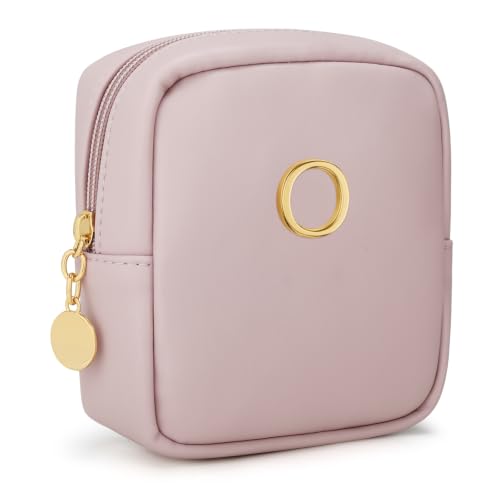 Initial Mini Makeup Bag Cosmetic Bag for Women | Personalized Gift, Toiletry Bags, 2 Mesh Pockets, Soft PU Leather, Water Proof Design, Smooth Zipper & Sturdy Build - size: 1pc Pink, style: O