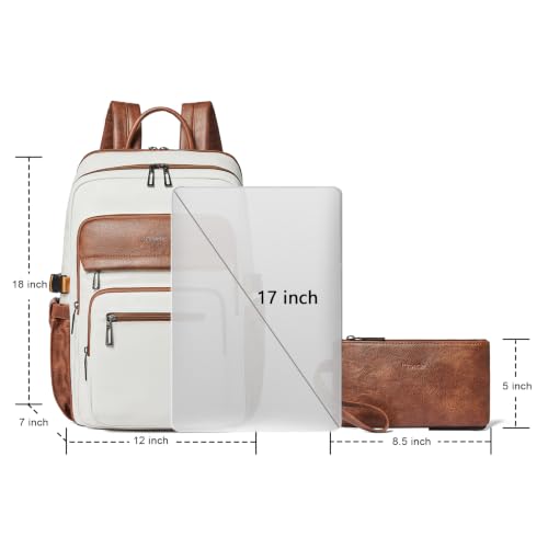 Leather Laptop Backpack for Women Fits 17" Laptop, with RFID Wristlet Purse - color: Beige