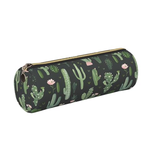 OSAM SPACE Leather Pencil Case Round Pencil Bag Green Plant Cactus Pen Organizer Holder Portable Zipper Pouch Cute School Supplies for Girls Boys Study Office - color: Green Plant Cactus