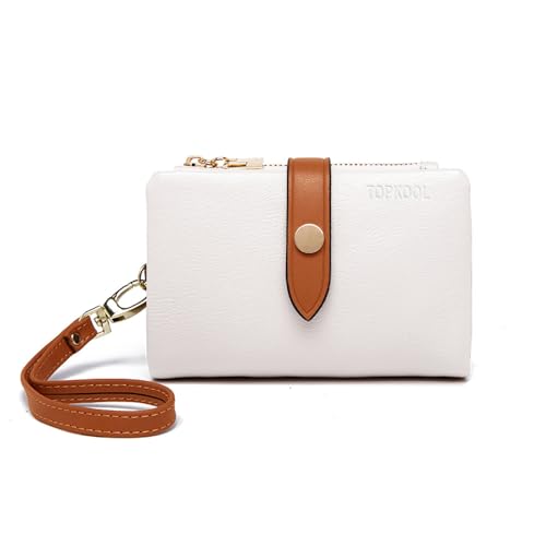 TPKUENL Wallets for Women Small Bifold Rfid Leather Zipper Coin Pocket Wrist Strap(White) - color: White