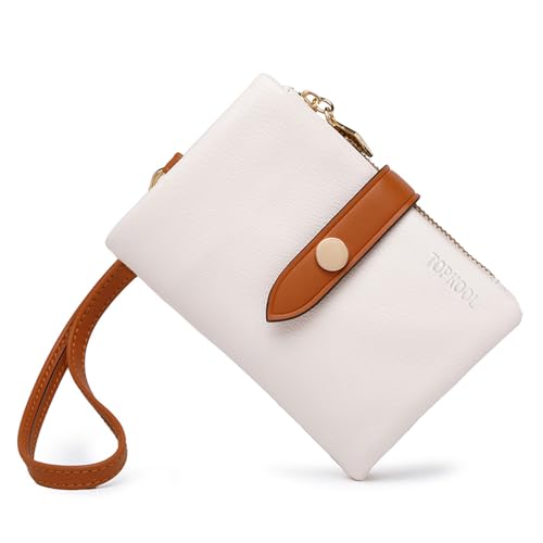 TPKUENL Wallets for Women Small Bifold Rfid Leather Zipper Coin Pocket Wrist Strap(White) - color: White