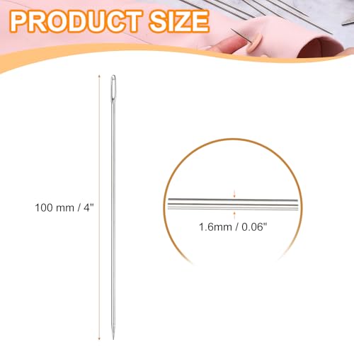 HARFINGTON 100 Pcs Sewing Needles 0.06 x 4 Inch Stainless Steel Big Eye Embroidery Thread Beading Leather Needle Upholstery Hand Sewing Awl for Art Craft Stitching Home Repair, Silver - size: 0.06 x 4 Inch