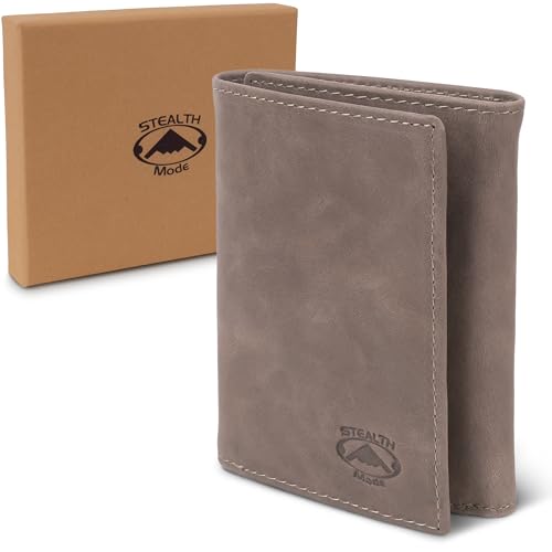 Stealth Mode Trifold Leather Wallet for Men with RFID Blocking (Grey) | Top Grain Napa Leather, 9 Card Slots, ID Window, Gift Box – Gift for Dad, Husband, or Son - color: Grey