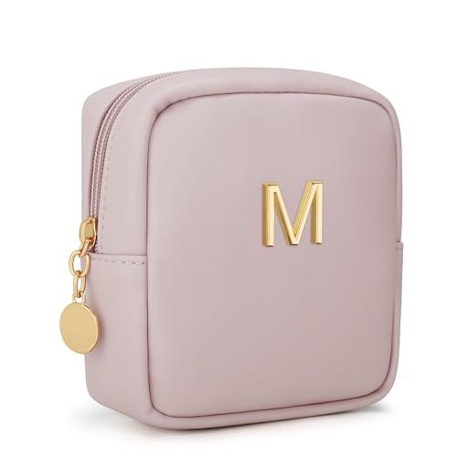 Initial Mini Makeup Bag Cosmetic Bag for Women | Personalized Gift, Toiletry Bags, 2 Mesh Pockets, Soft PU Leather, Water Proof Design, Smooth Zipper & Sturdy Build - size: 1pc Pink, style: M