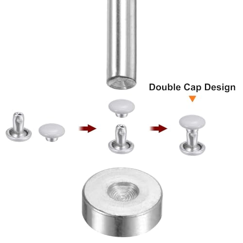 HARFINGTON 100 Sets Leather Rivets 8mm x 10mm Metal Double Cap Rivet Snaps Studs Fasteners with 3pcs Setting Tools Rivets for Leather Craft DIY Repair Decoration, White - color: White, size: 8mm x 10mm