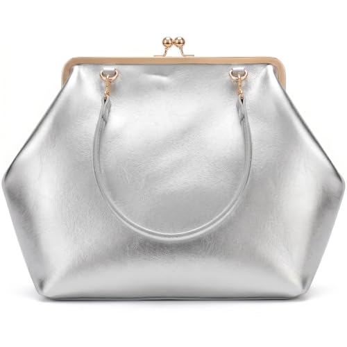 Kiss Lock Frame Handbag, PU Leather Shoulder Tote Bag Messenger Hobo Clutch Purse for Women Formal Work Leisure - color: Matte Silver