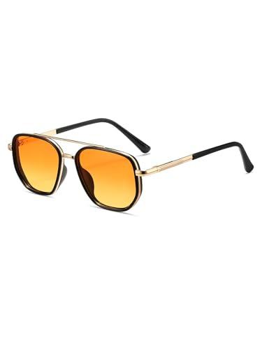 kimorn Women's Tangle Free Aviator Sunglasses, Polarized UV400 Protecion | Retro Square Frame Shades, Small-Medium Fit, Driving, Beach, Daily Wear - color: Gold+black+yellow