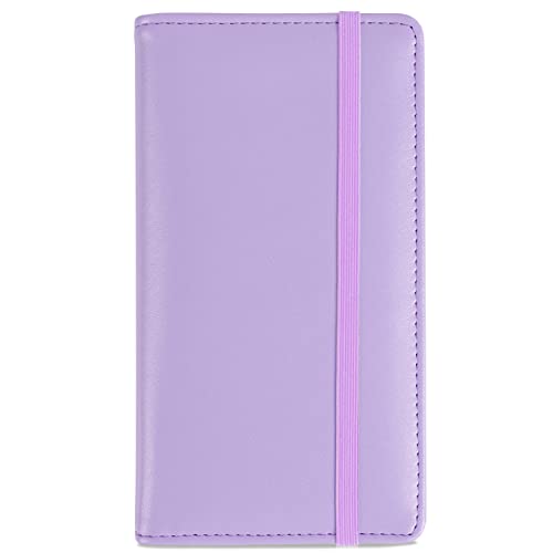 LOLOMLO PU Leather Checkbook Cover for Register Duplicate Checks, RFID Blocking Checkbook Holder with Elastic Strap & PVC Flap for Men and Women, Purple, Simple Style - color: Purple, style: Simple Style