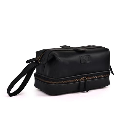 LEATHER VILLAGE Leather Toiletry Bag for Men, Travel Dopp Kit Shaving Bag | Full grain buffalo leather, two zip compartments, 9.6x5.5x5.1 in, YKK zippers, water-resistant lining, shaving kit- Black - color: Black