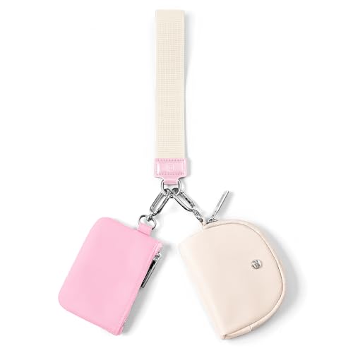 Mum's Memory Mini Zip Around Wristlet Wallets for Women -KeyChain Wallet with Detachable Dual Pouch Wristlet -Key Chain Coin Purse Small Wallets - color: Pink+White