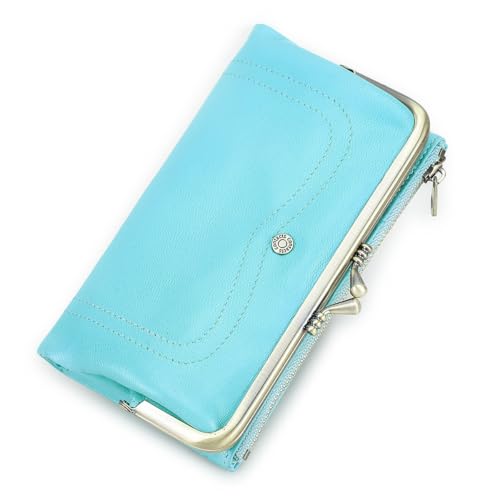 CONTACTS Full Grain Goat Leather Kiss Lock Wallet for Women Vintage Clutch Wallet with Rfid Blocking Zipper Coin Purse (Blue) - color: Blue