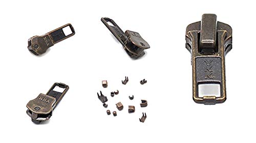 Zipper Repair Kit - #5 YKK Antique Brass Auto Lock Sliders - 3 Sliders Per Pack with Top & Bottom Stoppers Included - Made in The United States