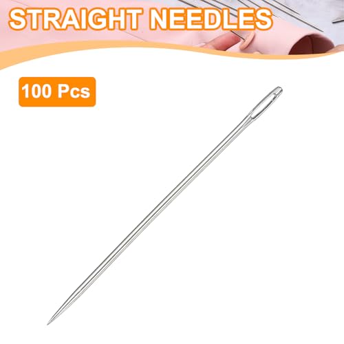 HARFINGTON 100 Pcs Sewing Needles 0.07 x 3 Inch Stainless Steel Big Eye Embroidery Thread Beading Leather Needle Upholstery Hand Sewing Awl for Art Craft Stitching Home Repair, Silver - size: 0.07 x 3 Inch