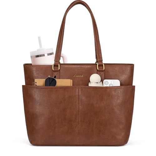 LOVEVOOK Work Tote Bag for Women, Vintage Leather 17.3 Inch Laptop Bags with Large Cup Holder, Teacher Nurse Medical Professional Computer Bag, Office Briefcase Handbag Gift - color: Brown, size: 17.3 Inch