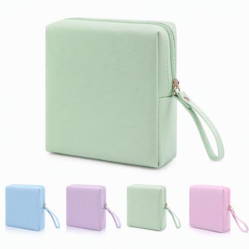 Sanitary Napkin Period bag for Women, Sanitary Napkin Storage Bag, PU Leather Sanitary Pad Bags Pounch, Portable Tampons Zipper Organizer Bag with Handle for Ladies - color: Mint