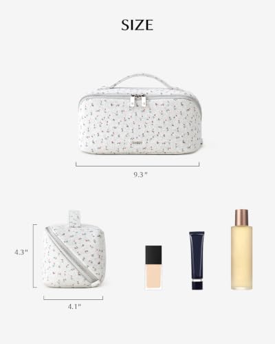 EACHY Makeup Bag, Knitted Floral Cosmetic Bag for Women, 180° Wide-Open Flat Makeup Pouch, Large Capacity Travel Toiletry Bag with Divider and Handle - color: CG-Gray Floral, size: Medium