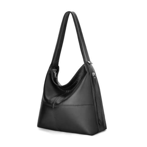 Genuine Leather Hobo Bags for Women Crossbody Purses Work Tote Bag Designer Shoulder Handbags with 2 Straps - color: Black