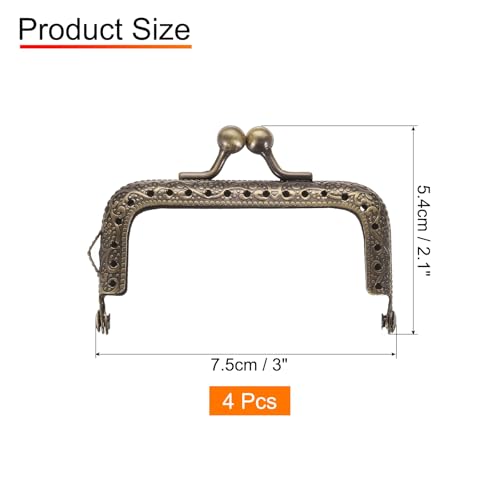 uxcell 4 Pcs Metal Purse Frame, 7.5cm/3" Retro Rectangle Kiss Lock Clasp Frame Embossed for Purse Making, Handled Bag, Coin Bag Clutch Bag, Frame Hardware Replacements (Bronze) - size: 3"