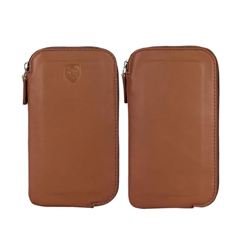 ALLEN & MATE Genuine Leather iPhone Pouch with Zip – Slim Mobile Phone Sleeve Cell Phone Pouch for iPhone 17 Pro Max, 16, 15, Google Pixel 10, Samsung Galaxy S25 & Android Smartphones Tan - color: Tan
