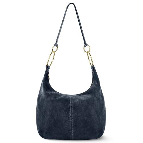 Italian Genuine Suede Hobo Bag for Women with Zippered Closure and Ring Handle Hardware | Large Shoulder Handbag (Dark Blue) - color: Dark Blue