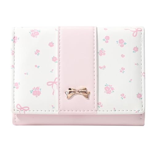 Cute Coquette Bow Small Wallet for Women Girls | Mini Wallet, 7 Card Slots, ID Window, Cash Slot - color: PINK