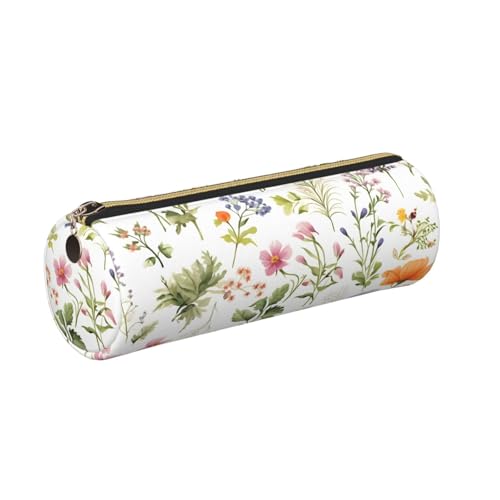 OSAM SPACE Leather Pencil Case Round Pencil Bag Flowers Plant Art Pen Organizer Holder Portable Zipper Pouch Cute School Supplies for Girls Boys Study Office - color: Flowers Plant Art