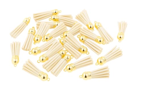 Mandala Crafts Gold Cap Ivory Faux Suede Leather Tassels, 100 PCs - color: Gold Cap Ivory Suede