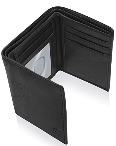 Trifold Wallets for Men - Slim RFID Blocking Wallet for Securing Personal Data - Front Pocket Friendly Genuine Leather Wallet - Mens Wallets Trifold with ID Window - Tri Fold Wallet Gifts for Men - color: Black
