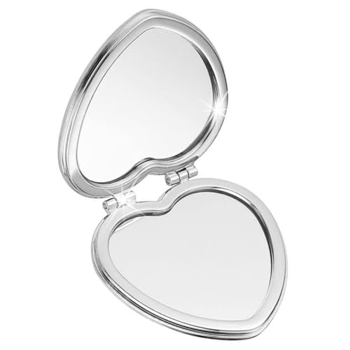 Cute Heart Shaped Compact Mirror for Purse,Silver Travel Mirror with Glitter,Leather Small Pocket Mirror,Portable 2 x 1x Magnification Folding Makeup Mirror,Cosmetic Mirror for Gift - color: Silver-heart Shape
