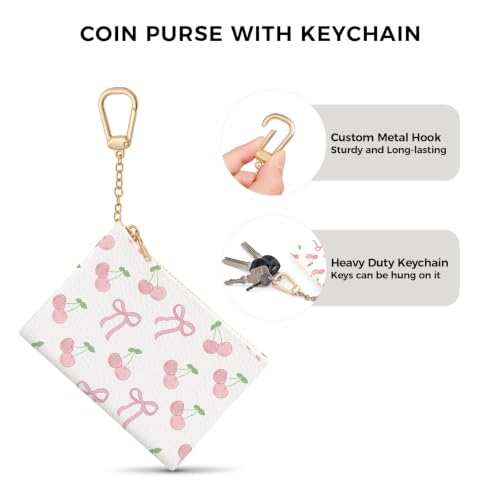 Cherry Bow Keychain Cute Coin Purse for Women, Small Change Pouch | Zipper Key Chain Purse, Little Mini Zip Pocket, PU Leather, Travel Wallet for Girls, Coin Cash Holder, Key Ring, Women Gifts - color: Coquette Bow