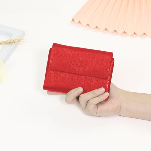 Women's Bifold Wallet, Genuine Leather, Magnetic, ID Window | Holds 10+ Cards, 2 Zip Coin Pockets, Pebbled Cowhide, Snap Closure, Large Capacity, Multiple Colors, Compact 5.5x3.9in - color: B-Red
