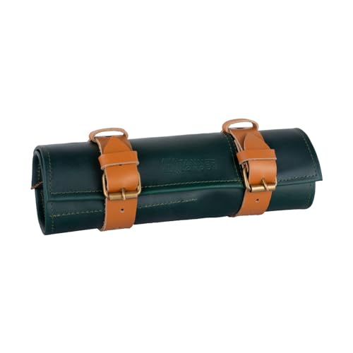Leather Roll Bag, Full Grain Cowhide Tool Organizer, 35.3 x 25.1 cm, Green and Tan, Multi-Purpose with 5 Slots for Knives and Tools (Green) - color: Green