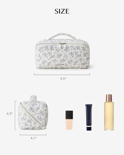 EACHY Quilted Makeup Bag, Cotton Floral Cosmetic Bag for Women, 180° Wide-Open Flat Travel Toiletry Bag, Large Capacity Makeup Pouch with Divider and Handle - color: CB-Purple Floral, size: Medium
