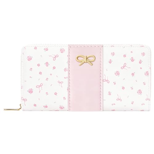 Floral Print Coquette Bow Long Wallet for Women (LONG-PINK) | Clutch Wallet, Phone Holder, Coin Pocket, 12 Card Slots - color: LONG-PINK