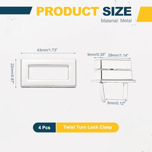 M METERXITY 4Pcs Purse Twist Lock (1.73 x 0.87 Inches, Silver)- Rectangular Purse Closure Twist Turn Lock Clasp Metal Clip Hardware Apply to DIY Handbag/Purse/Wallet/Leather Craft - color: Silver, size: 1.73 x 0.87"