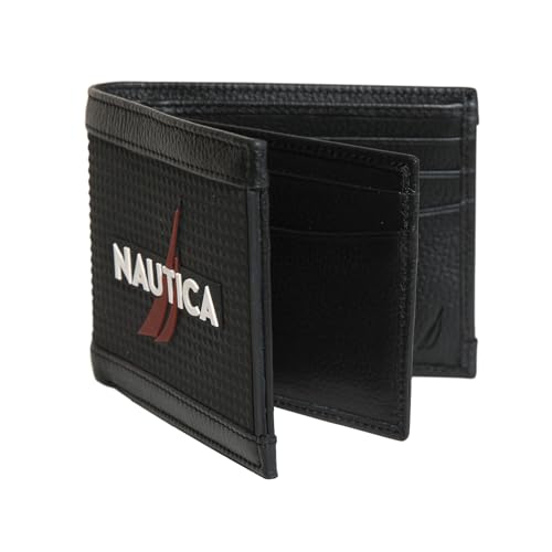 Nautica Men's Bifold Leather Wallet | RFID Blocking | ID Window | Card Slots | Organization | Durable | Stylish - color: Rubber/Leather - Black