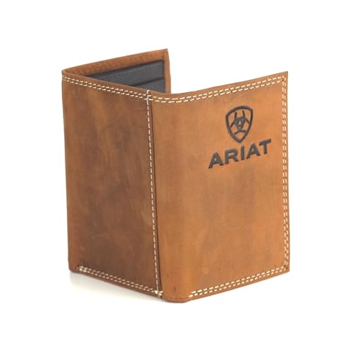 ARIAT Men's Leather Trifold Wallet, Embossed Logo, Medium Brown