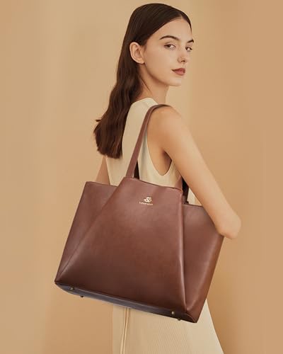 LOVEVOOK Laptop Tote for Women - 15.6 Inch Faux Leather Laptop Bag with Clutch, Large Capacity Office Purse Computer - color: Yellow & Brown, size: 15.6 inch