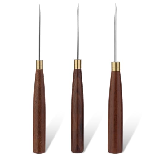 Diudus 3 Sizes Sewing Awl Tool, Leather Sewing Awl with Wooden Handle - color: 3 Pack Wood Color (Different Sizes)